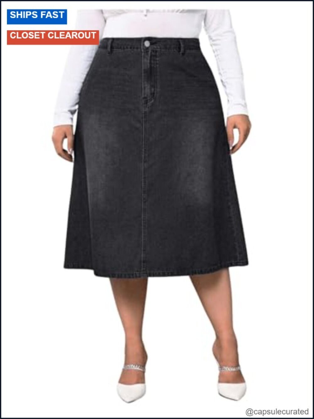 High Waisted A-Line Denim Midi Skirt - Soft, Lightweight, Casual